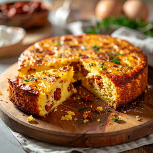 photo d'un cake au chorizo sur une planche à découper en bois - Berni