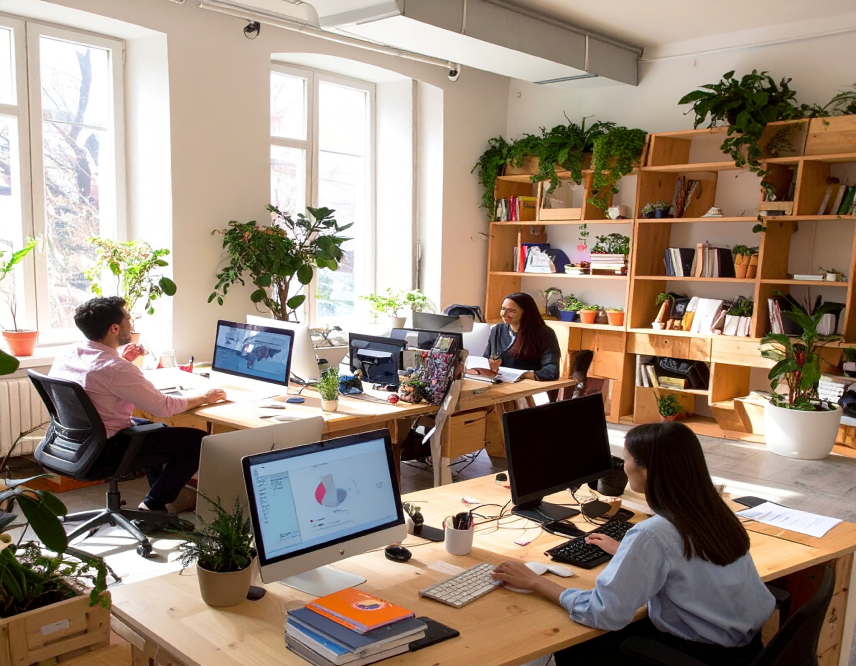 emploi commerce Berni - employés de bureau assis derrière leur écran dans un bureau chaleureux