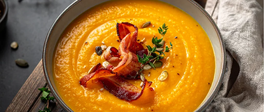 Photo d'une assiette creuse de velouté de potimarron avec bacon fumé grillé - Berni recette