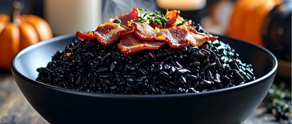 Photo d'un risotto noir au bacon croustillant Berni - recette haloween