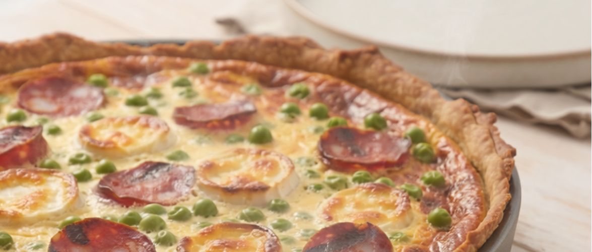 Quiche chorizo, petits pois & chèvre frais