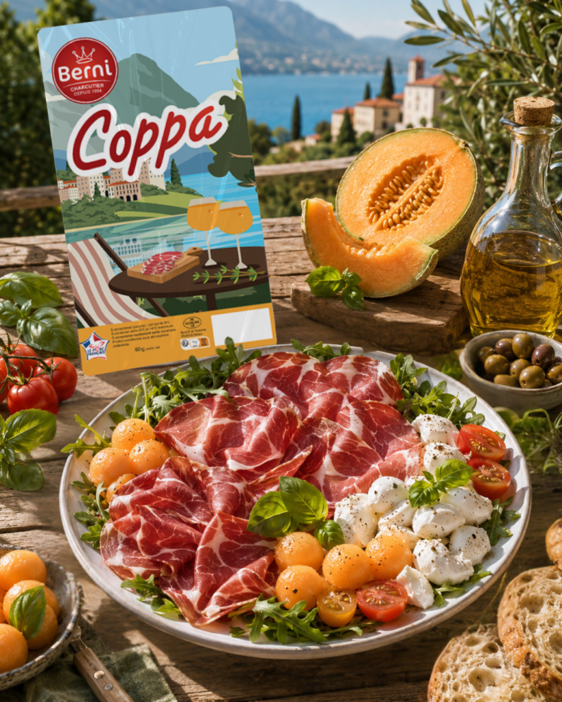 salade-coppa-mozzarella-melon-berni photo ia salade coppa melon mozzarella berni