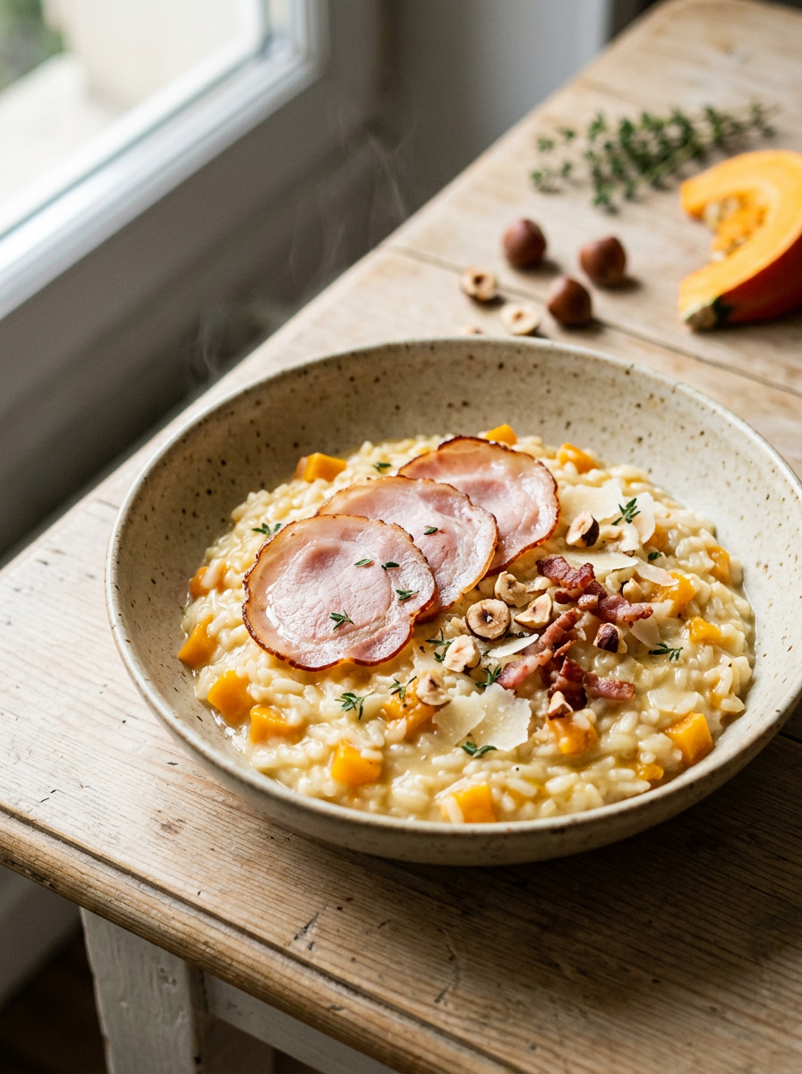 Risotto crémeux au potimarron avec fines tranches de Filet de Bacon Fumé Berni VPF